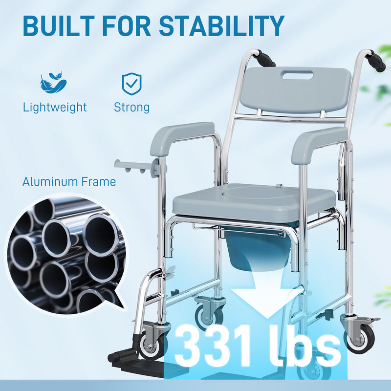 Shower Commode Chair with Lockable Wheels and Arms for Elderly or Disabled Use Grey AOSOM