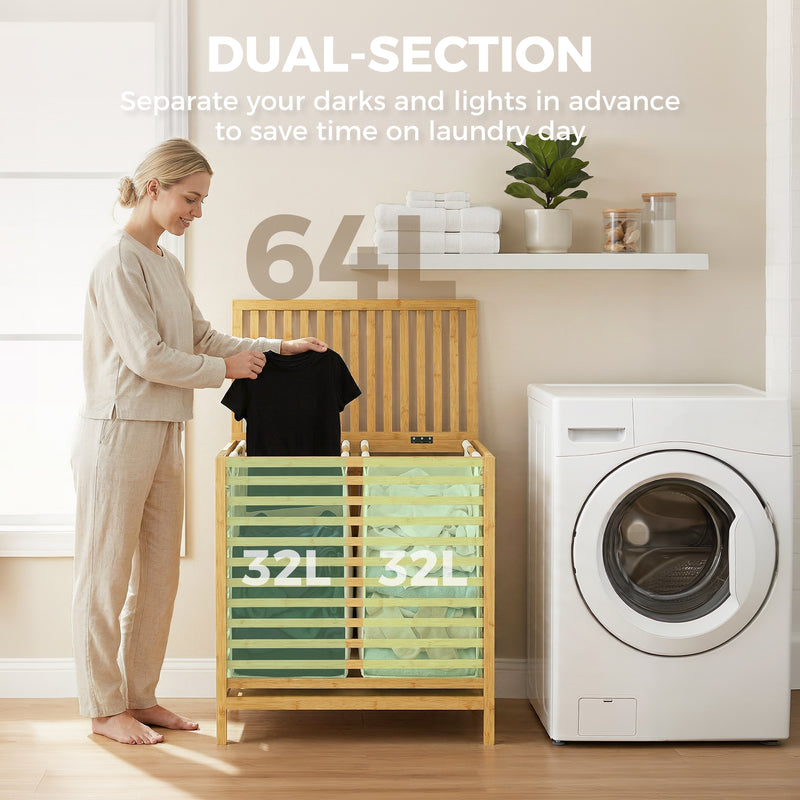 Double Laundry Basket With Removable Bags and Top Shelf for Easy Sorting Natural Bamboo Cream