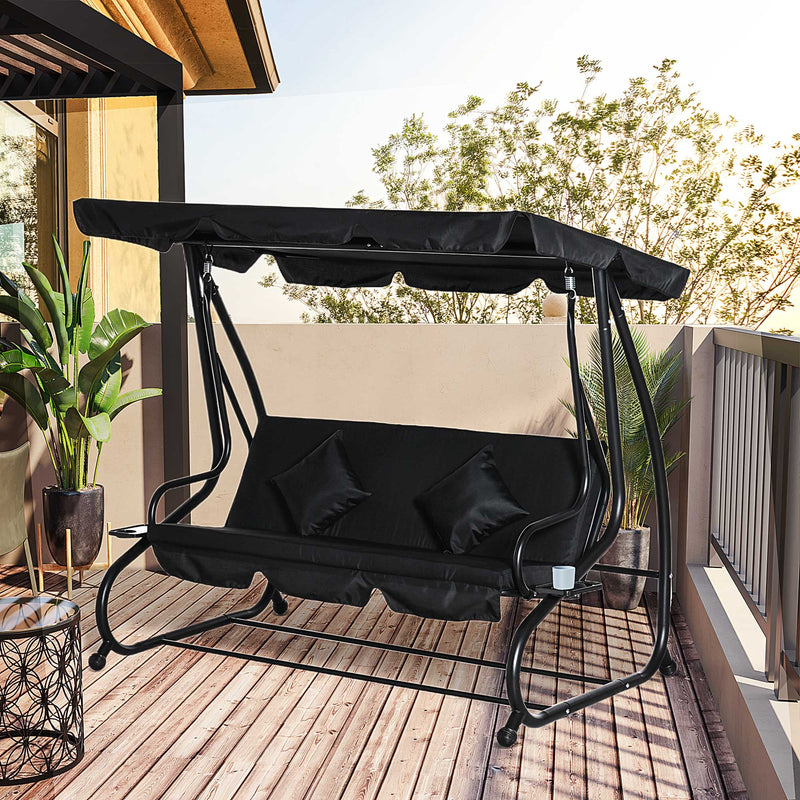 Patio Swings - Black 3 Seater Garden Swing Chair Converts to a Day Bed for Outdoor Relaxing Comfort Outsunny