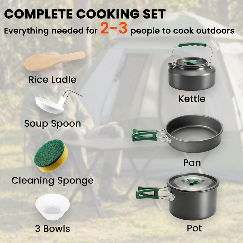 Camping Cookware Set for 2–3 People with Fast Heating and Compact Nesting Design Grey Army Green