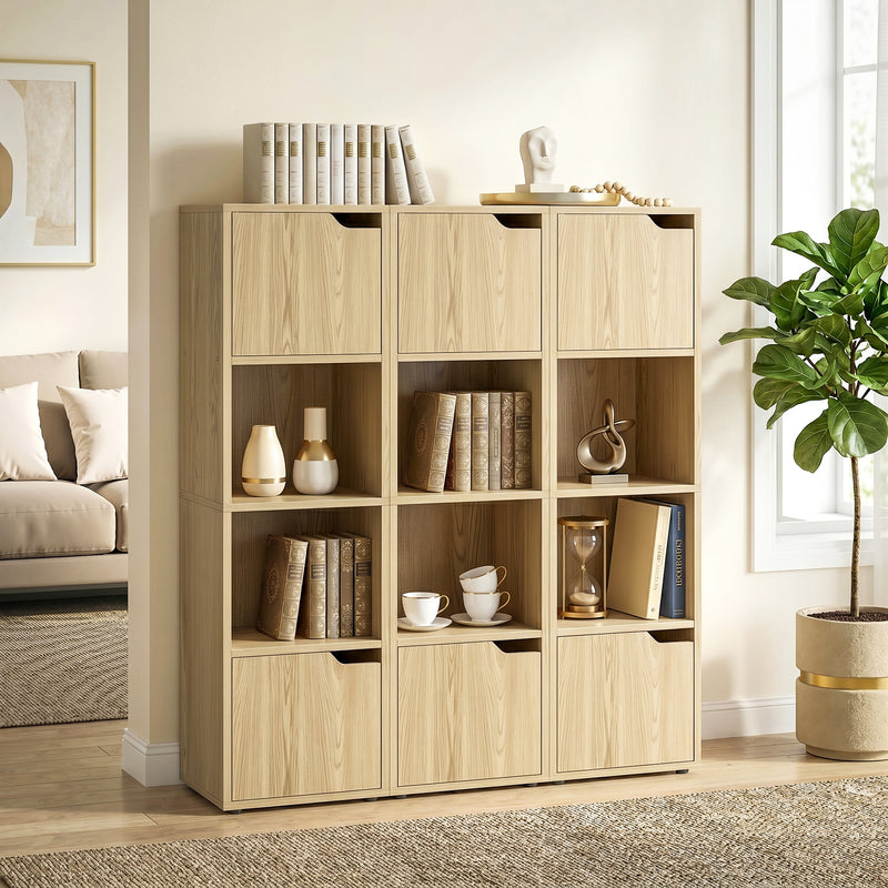 Slim Corner Bookcase with Shelves and Cabinets for Small Spaces Oak