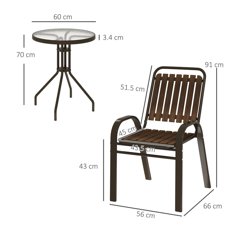 3 Piece Patio Bistro Set with Stackable Chairs and Glass Table for Garden and Balcony by Outsunny