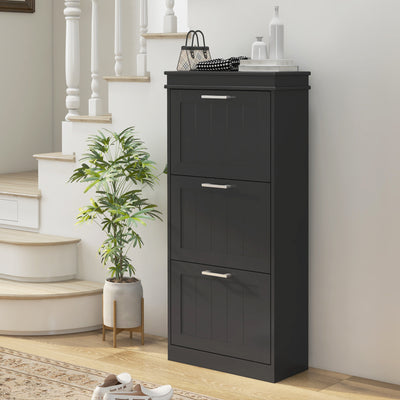 Three Drawer Slim Shoe Storage Cabinet With Flip Doors For Hallway Organisation Black