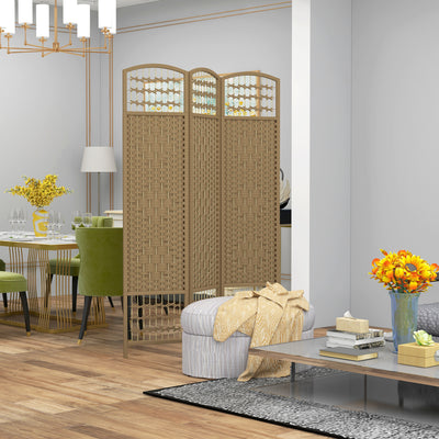 Folding Room Divider with Handwoven Panels for Flexible Privacy, Natural Wood Homcom