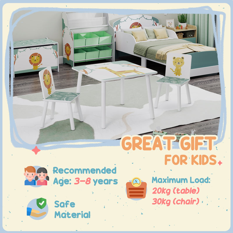 3 Piece Animal Themed Kids Table and 2 Chair Set with Storage for Playroom or Bedroom, Green