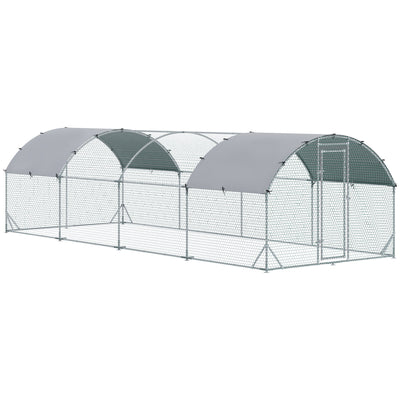 Walk-in chicken coop with a steel tube frame and grey and green mesh roof cover