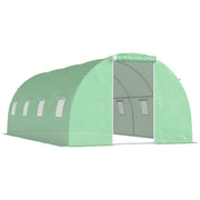 Green walk-in polytunnel greenhouse with open zipped door and mesh windows on a white background