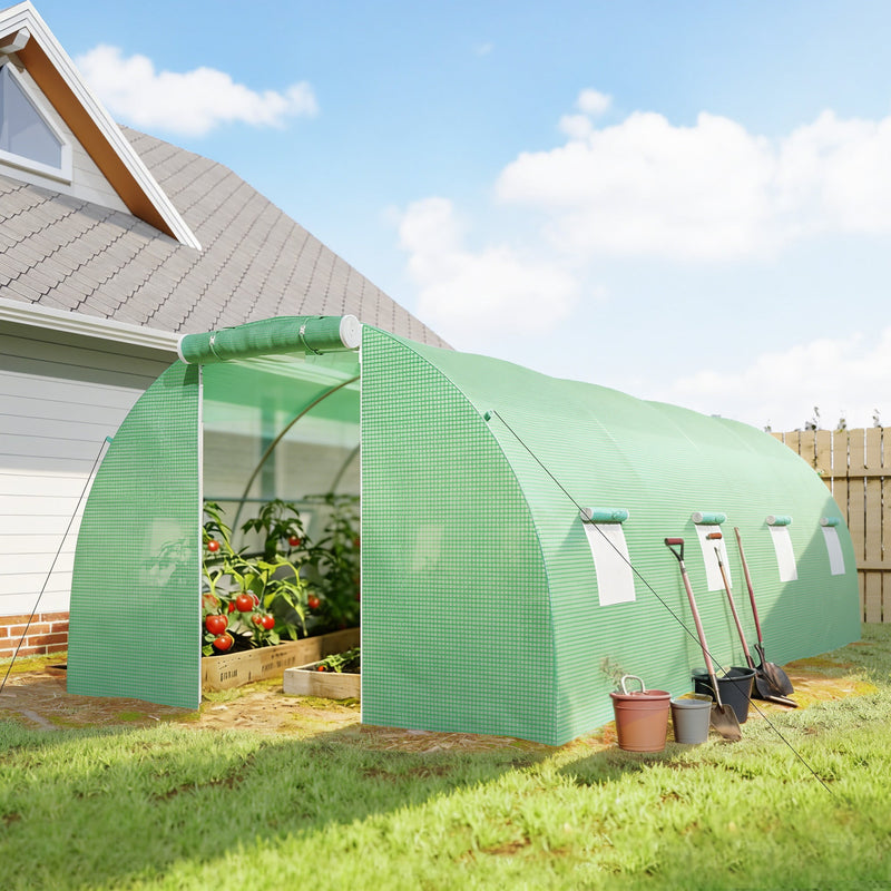 Polytunnel greenhouse in a garden with vegetables growing inside and tools by the door