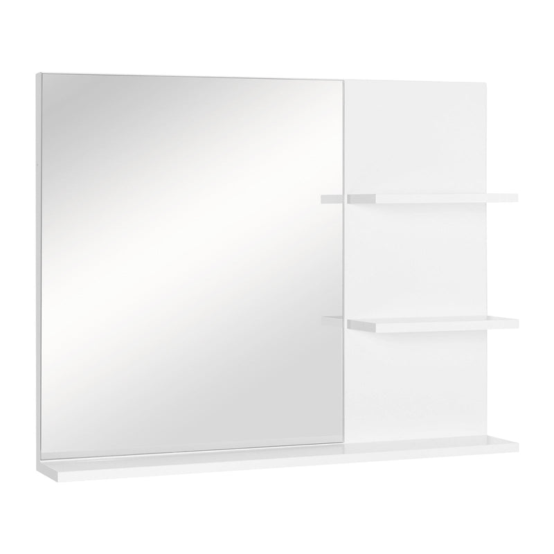 White Kleankin wall mirror with three open shelves mounted beside the mirror panel