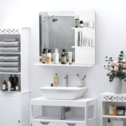 Wall mirror mounted above a bathroom sink with toiletries displayed on the side shelves