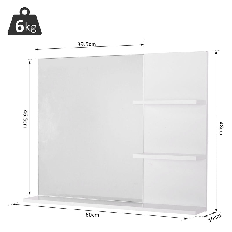 Dimension diagram of the wall mirror showing 60 x 10 x 48cm size, a 39.5 x 46.5cm mirror and 6kg weight capacity