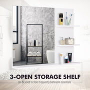 Close-up of the three open shelves holding toiletries, labelled as 3-open storage shelf