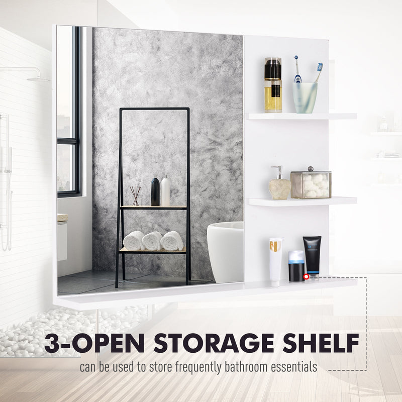 Close-up of the three open shelves holding toiletries, labelled as 3-open storage shelf