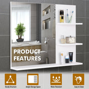 Mirror reflecting a bathroom scene with product feature icons for sturdy structure and water resistance