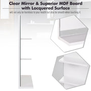 Close-up of the mirror edge showing the clear glass and lacquered MDF board
