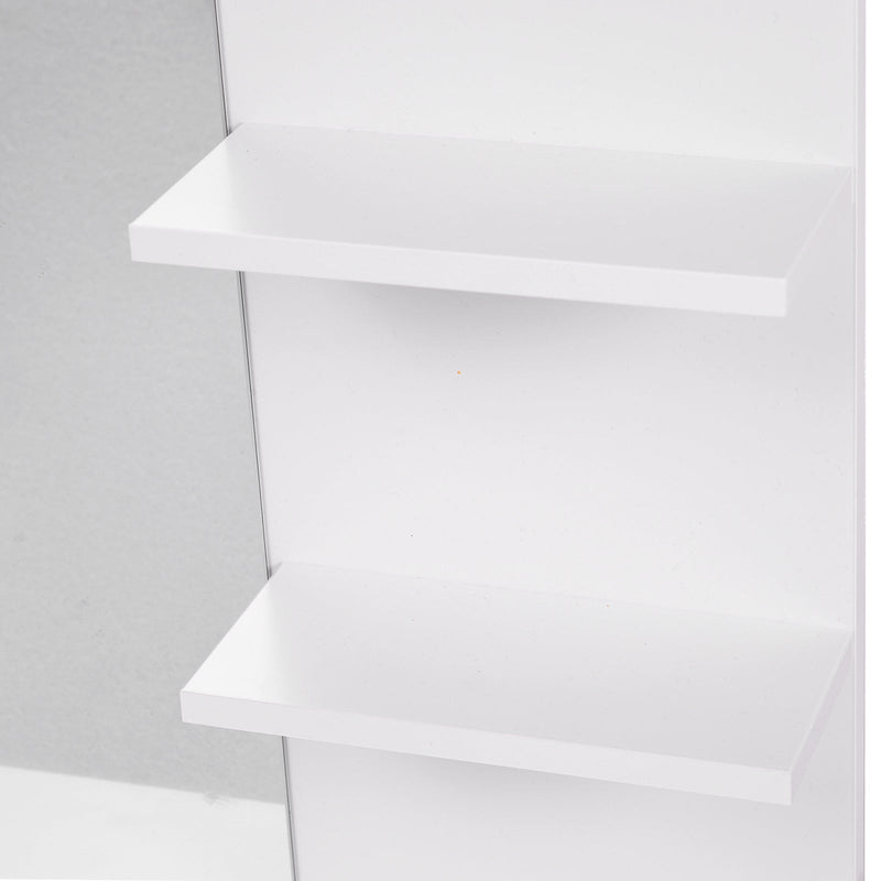 Close-up of two white shelves mounted beside the mirror panel