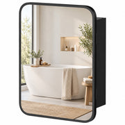 Wall-mounted black bathroom mirror cabinet with rounded black frame, closed