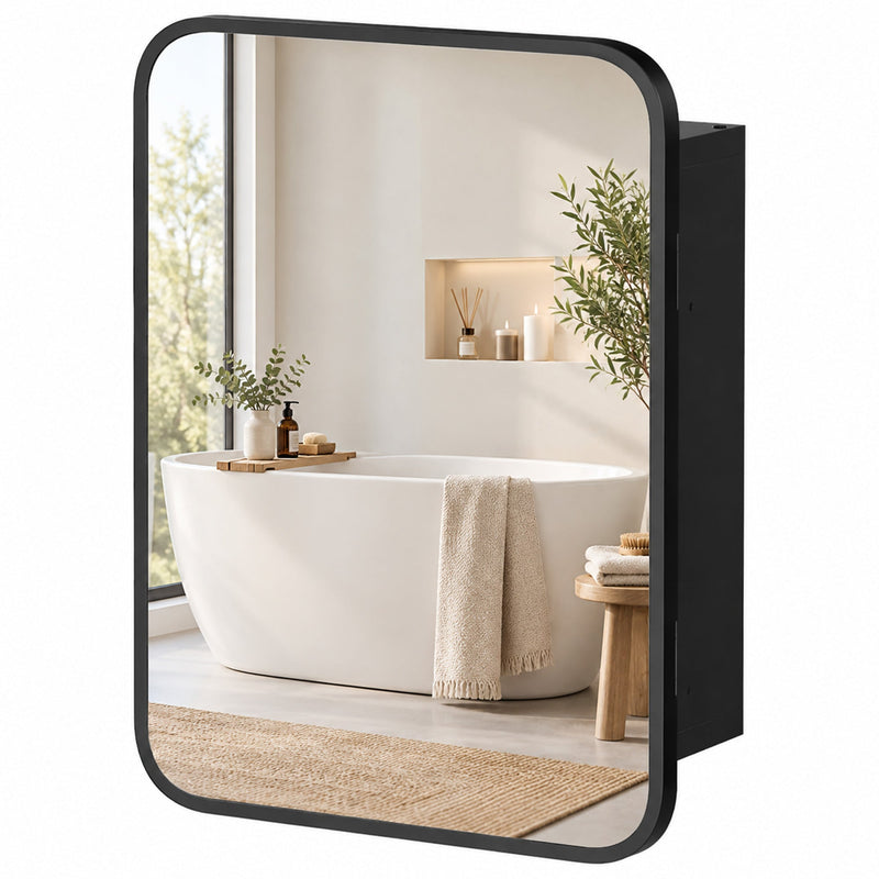 Wall-mounted black bathroom mirror cabinet with rounded black frame, closed