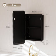 Dimensions diagram of the black mirror cabinet showing 48 cm height, 36 cm width and 12 cm depth
