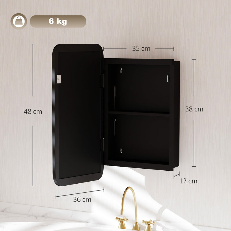 Dimensions diagram of the black mirror cabinet showing 48 cm height, 36 cm width and 12 cm depth