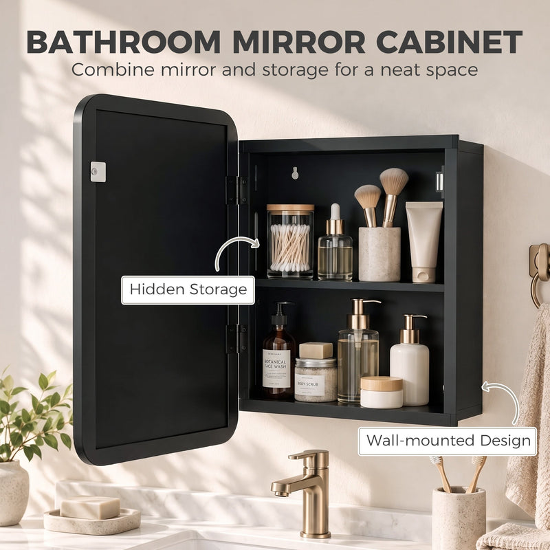 Open black mirror cabinet with an inner shelf holding skincare and toiletries