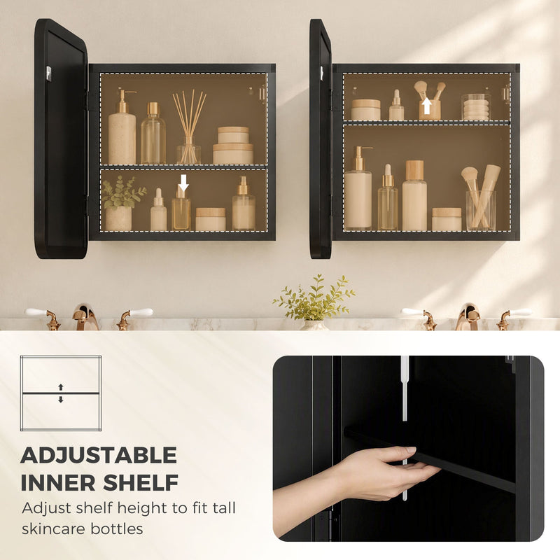 Black mirror cabinet open twice side by side with an adjustable inner shelf feature graphic