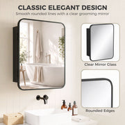 Classic design graphic showing the clear mirror glass and rounded edges of the black cabinet