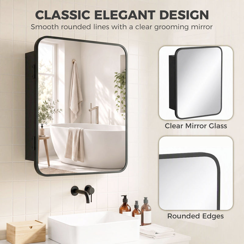 Classic design graphic showing the clear mirror glass and rounded edges of the black cabinet