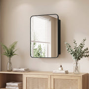 Black mirror cabinet hung above a rattan sideboard with plants