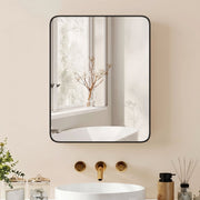 Black mirror cabinet above a white basin with gold taps