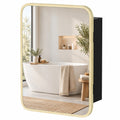 Wall-mounted bathroom mirror cabinet with a natural wood frame door and black body, closed