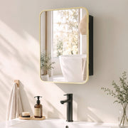 Natural wood frame mirror cabinet mounted on a bathroom wall above a basin