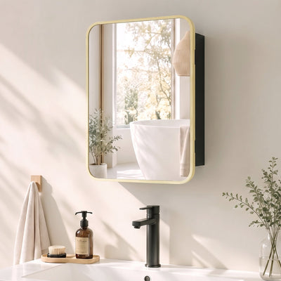 Natural wood frame mirror cabinet mounted on a bathroom wall above a basin