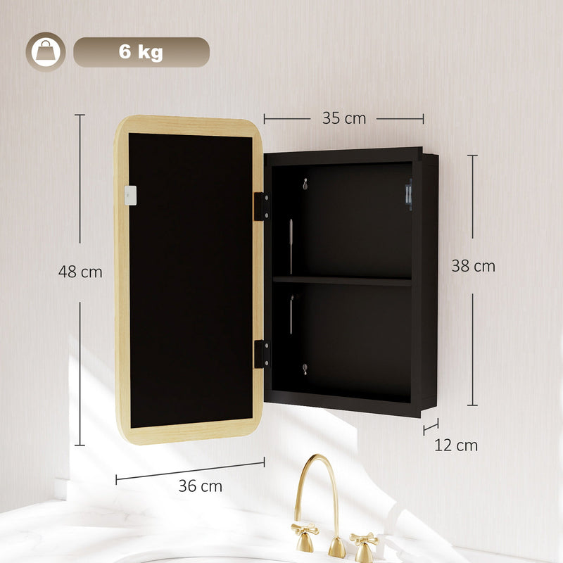 Dimensions diagram of the natural wood mirror cabinet showing 48 cm height, 36 cm width and 12 cm depth