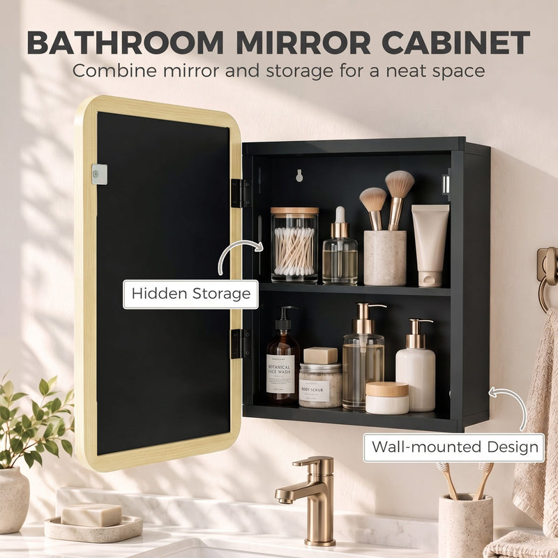 Open mirror cabinet with an inner shelf holding skincare and toiletries