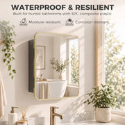 Waterproof and resilient feature graphic with the natural wood mirror cabinet in a bathroom