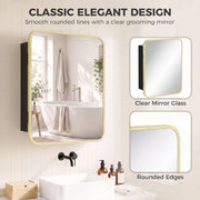 Classic design graphic showing the clear mirror glass and rounded edges of the natural wood cabinet
