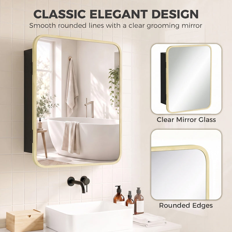 Classic design graphic showing the clear mirror glass and rounded edges of the natural wood cabinet