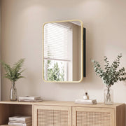 Natural wood frame mirror cabinet hung above a rattan sideboard with plants