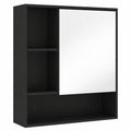 Black wall-mounted bathroom mirror cabinet with a mirrored door, open left cubbies and a bottom shelf