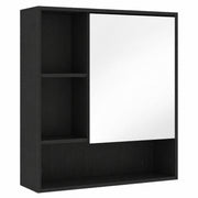 Black wall-mounted bathroom mirror cabinet with a mirrored door, open left cubbies and a bottom shelf