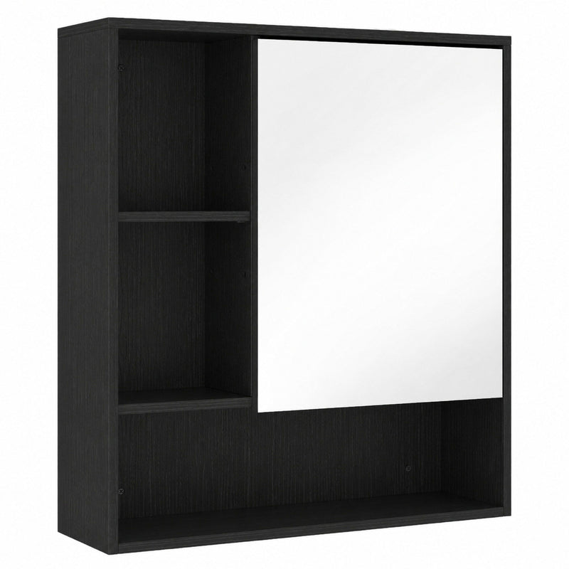 Black wall-mounted bathroom mirror cabinet with a mirrored door, open left cubbies and a bottom shelf