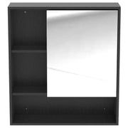 Front view of the black mirror cabinet with the mirrored door on the right and open shelves on the left