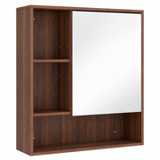 Walnut brown wall-mounted bathroom mirror cabinet with a mirrored door, open left cubbies and a bottom shelf