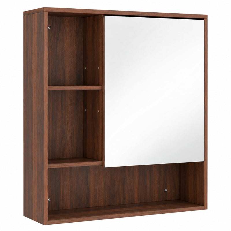 Walnut brown wall-mounted bathroom mirror cabinet with a mirrored door, open left cubbies and a bottom shelf