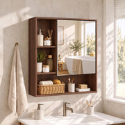 Walnut brown mirror cabinet above a bathroom sink holding towels, a basket and skincare bottles