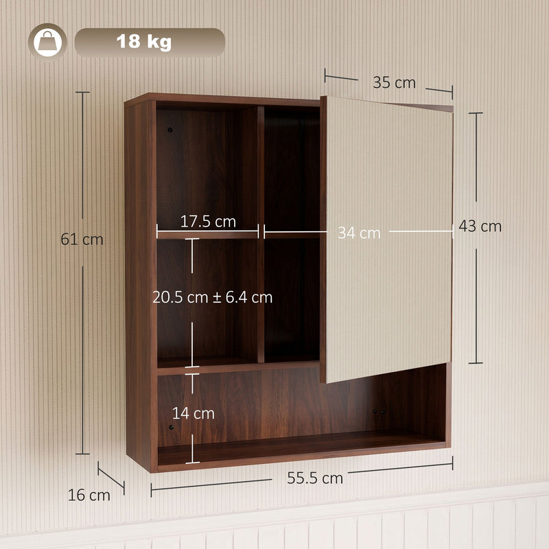 Dimensions diagram of the walnut brown mirror cabinet showing 55.5 cm width, 61 cm height, 16 cm depth and 18 kg capacity