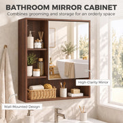 Walnut brown bathroom mirror cabinet with a high-clarity mirror door hung on the wall above a basin