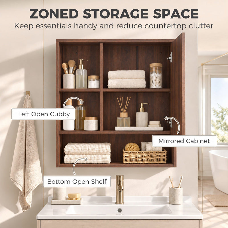 Walnut brown mirror cabinet labelled with its left open cubby, mirrored cabinet and bottom open shelf