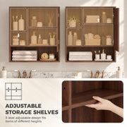 Two walnut brown mirror cabinets with a hand adjusting an inner shelf to a different height